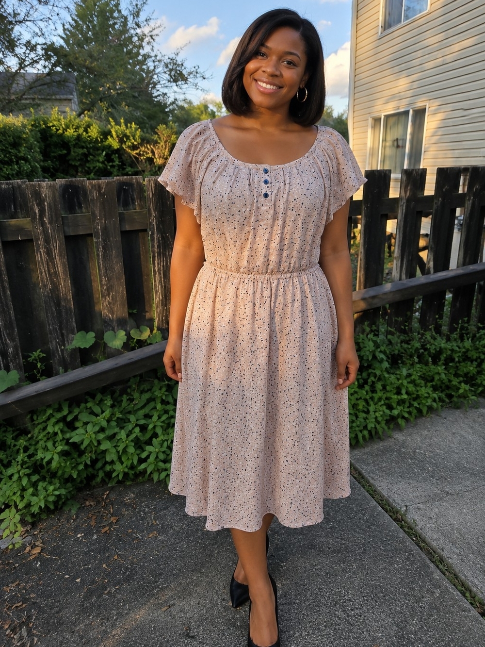 LC Lauren Conrad Cream Floral Scoop-Neck Midi Dress